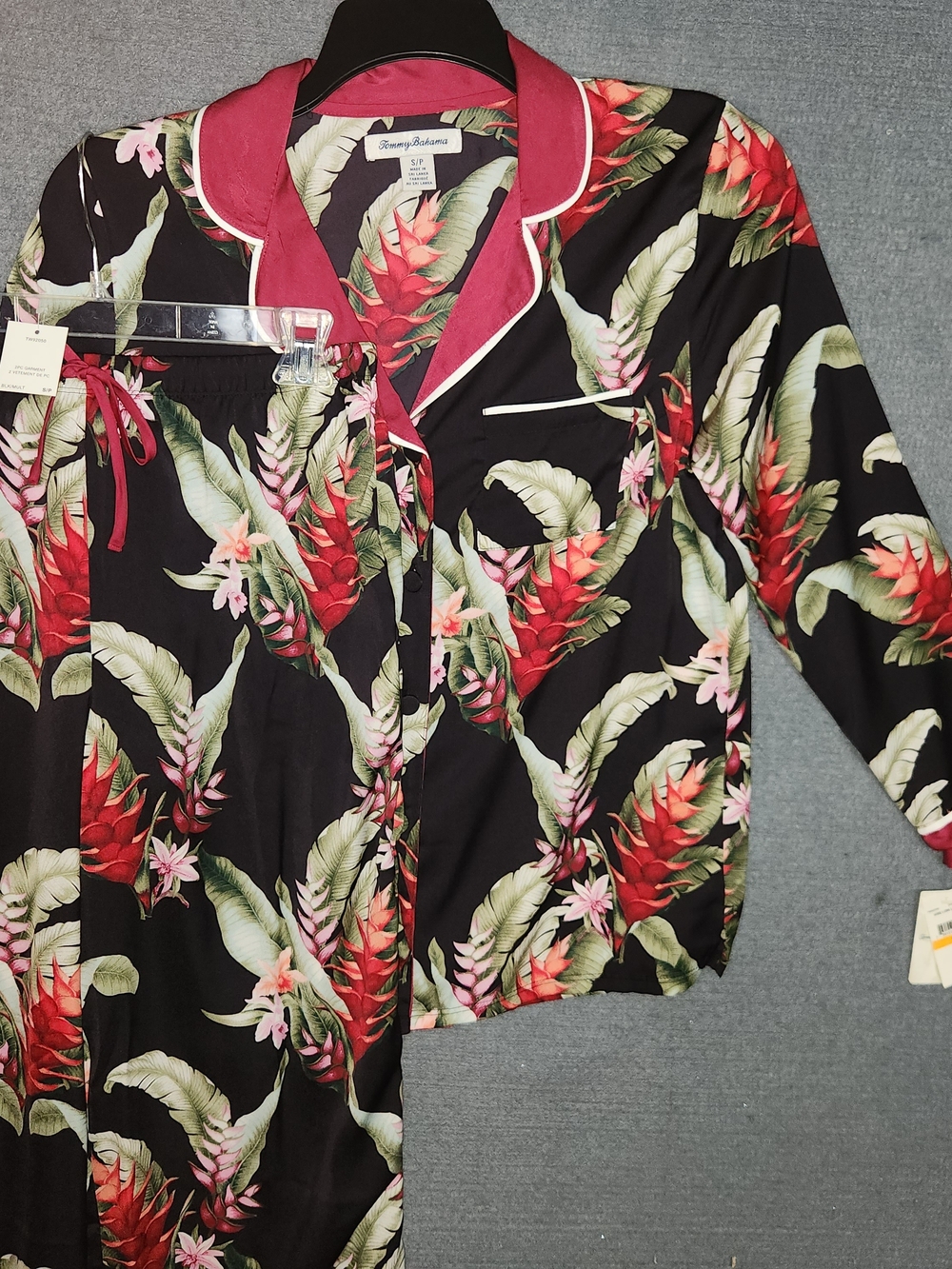 Tommy Bahama Black Pajama-Style Shirt with Red & Green Tropical Print #450